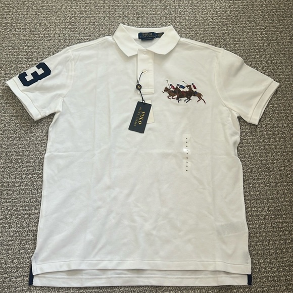 New Polo Ralph Lauren Shirt White Navy Large Logo M Custom Slim Fit - Picture 1 of 7